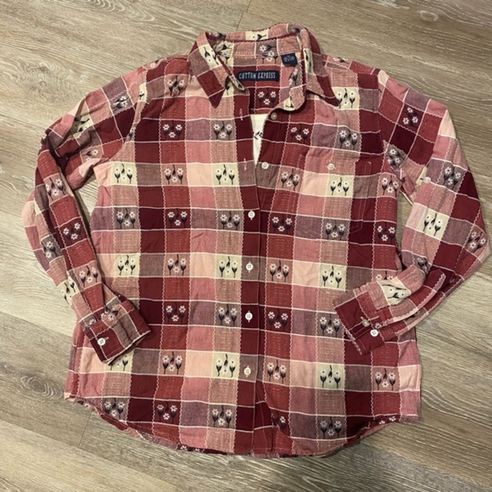 Vintage Cotton Express plaid long sleeve shirt 2 piece layered shirt attached